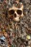 Placeholder: a picture of a dark, comedic, anatomically correct wall of colorful tightly packed skulls of varying sizes and expressions, photo realistic, insanely meticulous, highly detailed, part of a collection of bones on display, 64k, dystopian, vray stained glass