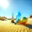 Placeholder: Bright, glittering, 3d, plastic-like, surreal objects in a bright environment, desert, noon light, creepy