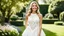 Placeholder: A beautiful young smiling woman in an abstract creative white cutout dress, standing in an English garden. <lora:MJ52:0.6>