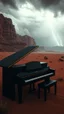 Placeholder: A big black piano in the middle of a stormy wether in the desert , surreal a highly quality 8k photo