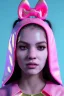 Placeholder: Ultra Realistic image, Rosalía artist, portrait, normal complexion, portrait, two bows, little chopsticks hair , black eye long line, sweet face, t-shirt with holes, inflatable open coat, gold pink and blue style, spray line glow, big geometric led jewelry, fog, hot, inflatable style latex coat, vibrant color, highly detailed, art stations, concept art, smooth, unreal engine 5, god rays, ray tracing, RTX, lumen lighting, ultra detail, volumetric lighting, 3d, finely drawn, high definitio