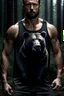 Placeholder: Create a super buff bear with a tank top with standing on the rain in a forest, make it a portrait