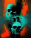 Placeholder: broken skull. black background. smoke and explode. particles in air. teal and orange. abstract. beksinski.