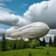 Placeholder: A white airship in the puffy cloud sky designed on Pacific Northwest totem poles painted by Gustave Courbet