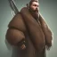 Placeholder: plump little man with beard stubble in a black coat standing over desk, stylized sleek character art, concept digital art