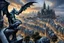 Placeholder: captivating and highly detailed fantasy, gothic illustration featuring a grayish Gargoyle with curly bluish hair crouching above the city, leaning forward to observe the people below. Style of artist Anne Stokes, Gothic, Dark Fantasy, photo, 3d rendering, cinematic