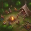 Placeholder: a group of people working on a base in the forest by a campfire in the medieval times, all in pixel art cartoony stile