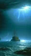 Placeholder: A cyan tempest fortress in a thunderstorm painted by Caspar David Friedrich