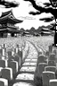 Placeholder: landscape, Japanese open air flat cemetery with thousand gravestones, high detail, manga style, grayscale