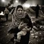 Placeholder: A Palestinian woman wearing the Palestinian dress carries her dead son as she screams and cries at night, with explosions in refugee tents behind her.