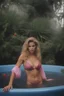 Placeholder: full body portrait - 20-year-old Tawny Kitaen, wearing a pink, bikini in a hot tub - 32k, UHD, 1080p, 8 x 10, glossy professional quality digital photograph - dark blue and dark red, and light maroon and purple and foggy black gradated background with a paint splattered wall, strawberries, stars, planets, galaxies, an assortment of bright, colorful floral arrangements, black roses, blue roses, red roses, yellow roses, pink roses, dandelions, honeysuckle roses, tulips, carnations,