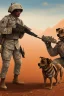 Placeholder: A soldier dog dressed in military combat uniform fighting another soldier dog in the hot desert landscape, digital illustration portrait, dog's face is snarling, aggressive, angry, Craig Miller , futuristic, pulp fiction graphic novel style, hyperrealism, photorealism