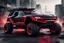 Placeholder: a super futuristic car, for all terrain, pickup fashion, black and red colors, big wheels, CHEVROLET INSPIRED, stay on street full of zombies