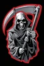 Placeholder: Grim-Reaper gripping scythe, vignette, black and white graphic novel style with a red outline, and black background, biker style
