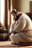 Placeholder: close up photography of a Burly arab 26 year old stocky short chubby man on his knees, short beard, dressed in an brown economic traditional caftan with pants and sandals, photorealistic, ambient occlusion, in a simple living room, ambient occlusion, side view from the bottom