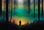 Placeholder: a backdrop of dusk a solitary figure silhouette of a person, is depicted, moving away from the viewer into a dense forest in a misty landscape, hinting at the need for secrecy and seclusion. The colors could be muted, evoking a sense of mystery and suspense. deep colors, harmonic stunning colors transition, black ink, mystic, surreal style, alone mood