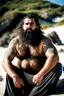 Placeholder: photography of a tired chubby hairy burly 35 years old ugly arab carpenter, big nose, tattoo, long beard, shaved hair, manly chest, angry eyes, open legs , on the beach in the sun, big shoulders, big tights, side light, ground view angle,bartoslora1 man