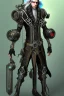 Placeholder: male black elf with long white hair wearing a steampunk exoskeleton powered by gears, in fantasy style