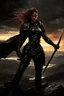 Placeholder: A formidable warrior girl in black armor, on the background Amazing gloomy landscape, flooded with sunset, mountains, trees, fabulous scary hero, , juicy emotions, painting, dark fantasy, bad weather, gloomy day, dark world, by James Paick