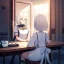 Placeholder: one anime girl in a waitress uniform sitting at a booth in a busy diner with two identical white coffee cups on the table, one white teacup is full and the other white cup is empty, windows and a door, customers, emphasis on two white coffee cups