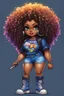 Placeholder: create an pshchedelic art illustration of a chibi cartoon voluptuous black female wearing a blue jean outfit with a tie dye tshirt with biker boots. Prominent make up with hazel eyes. Extremely highly detail of a tight curly black and shiny afro. Background of a bike show