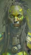 Placeholder: A woman has tanned skin, yellow eyes and black dreads. Her face show her superiority in the eyes of others. She is dressed in a steel armor with a few pieces of yellow and green fabric sticking out.
