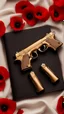 Placeholder: Two gold pistols and a red notebook on a white scarf. A field of red poppies. Close-up from above.cinematic.dark mood