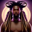 Placeholder: a black man with long dreadlocks and a large unkempt beard. He has scars all over his face and has a large colorful robe.