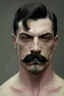 Placeholder: short wirey lean muscular trimmed goatee moustache sterm serious short black hair pale skin