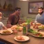 Placeholder: A man with his family at the dining table eating an extremely healthy meal of fresh Whole Foods