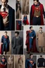 Placeholder: Men's DC Fashion runway Winter outfits inspired by Superman's Emblem design beige tones, clothing takes the form of Superman's emblem