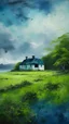 Placeholder: Painterly. Abstract. A cottage with a moss covered roof in a clearing. A willowy androgynous . Anomalous dark blue cloud issuing forth from the heart. Simple yet majestic