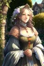 Placeholder: Anime, bubbly middle age woman with medieval gown, outdoors in garden, HD, extreme detail in the face