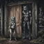 Placeholder: fantasy digital art of young female anthro wolf in gray hairy wolf body and wears just a short canvas rag around her waist , sadly crying face stands in the rain front the door, behind her an tall anthro dark hairy wolf man standing behind in rustic halb open door in an massive wooden house, deep colors, rainy day, detailed, anthropomorphic creatures, fantasy, sci-fi mood