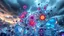 Placeholder: Dynamic complex hypnotic of 3D structures Symmetry twisting and morphing between cifi plants , cifi flowers and metal geometric 3d structures , smooth translucent iridescent glass with inner glow and bubbles, varied transparent materials, stormy skies, intense dramatic