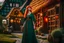 Placeholder: Full body shot of a tall slim pretty, red-headed young female witch, casting magical glowing symbols into the air, dressed in a long flowing green dress, standing in front of a row of cottages and shops with thatched roofs