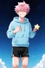 Placeholder: An androgynous young man with tousled pink hair and golden eyes floating among the stars wearing a light blue hoodie and black board shorts. He is smiling softly and holding a star in one hand.