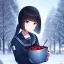 Placeholder: Clear Focus, High resolution, a girl in the snow, wearing a sailor uniform, bowl cut and a long ponytail