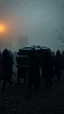 Placeholder: A group of hooded men wearing all black in funeral at sunset marching carrying a casket of a dead Man in a foggy night at the crave yard