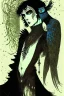 Placeholder: Black haired, owl-man, Skinny, in the style of Harry Clarke