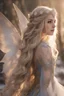 Placeholder: Elven princess,elven crown,long white blonde golden hair,rapunzel hair,ice flowers,beautiful,light blue,dark blue,golden armor,sparkle,glitter,ice flowers,snow,elven ears,dark fairy princess