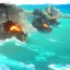 Placeholder: Two pirate ships fight each other at sea. Firing cannons. One ship is hit and burns after being hit.