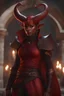 Placeholder: dnd character art of a tiefling warlock. high dpi, short small curved horns, small ears, 3D cgi, red skin, unreal engine 6, high detail, intricate, cinematic background