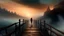 Placeholder: walking straight ahead over a wooden bridge, holding the angel of death with your right hand, entering the fog at the end of the road that leads to the afterlife, a stream from the mountains flows from the right and left, and a beautiful sunset and galaxy's behind the fog, realistic