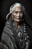 Placeholder: a photo of an Aztec woman with ethnic jewelry, grey hair and grey flowing robe, in style of Annie Leibovitz, contemporary portrait of a mature yet beautiful and modernist woman, black and grey, detailed feminine face, swirling fluid smokey enigma, award-winning artwork