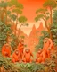 Placeholder: A light rosy orange colored jungle with gorillas designed in Australian aboriginal art painted by Rene Magritte