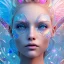 Placeholder: Face Angel crystalline,blond hair, blue eye ,pink , cosmic, opalescent, gemstones, crystals, other worldly,water,bright, ice background, snow lake blue