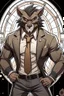 Placeholder: Buff, anthro, wolf, himbo, black fur, gold eyes, wearing a suit, full-body, muscles, strong, muscular, man boobs, bulky, tail, dark fur, smug grin, hands on hips,