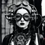Placeholder: [Le Cabinet de Curiosités by helmut newton] Adorned in a mix of gothic, cyberpunk, and steampunk elements, she wears enormous round goggles that frame her enchanting face, accentuating her alluring features. Thick wires, hoses, and cables entwine around her form, weaving a tapestry of circuitry and fiber optics that pulsate with an otherworldly glow. A headdress of intricate design crowns her head, a symphony of massive combat boots and tight straps that speak of a futuristic past infused with r