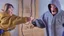 Placeholder: cable repair man threatens woman at home in house coat